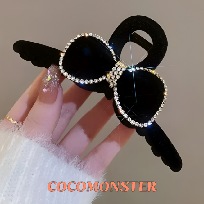 COCOMONSTER 반짝반짝 큐빅 리본 벨벳 올림머리 헤어 집게핀 12.5cm