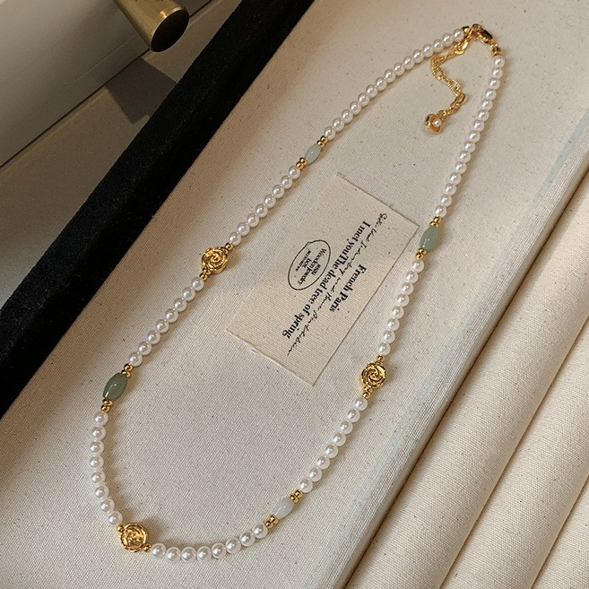 NXNA 14K 골드 꽃송이 천연담수진주 비취 목걸이 여 광택좋은 도금 데일리악세사리 선물용 품목 CS-XL006