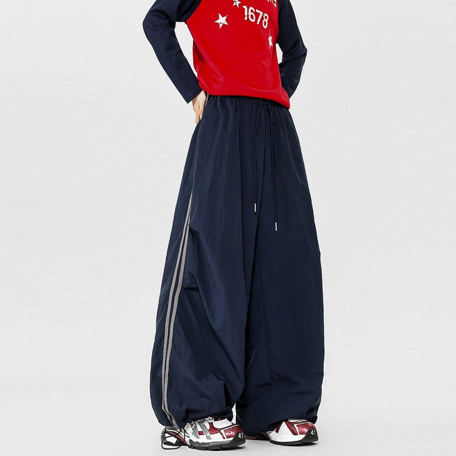 美式條紋速乾休閒褲 男女款直筒寬鬆闊腿工裝褲