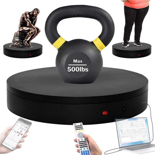 프로그래머블 전동 전동 턴테이블 회전 디스플레이 스탠드 회전 플랫폼 회전 플랫폼 2차 개발 전동 3D 스캐너 또는 USB/블루투스 디스플레이용 전동식 래지 수잔, 19.7inch/Black/500Lbs Load, 1개