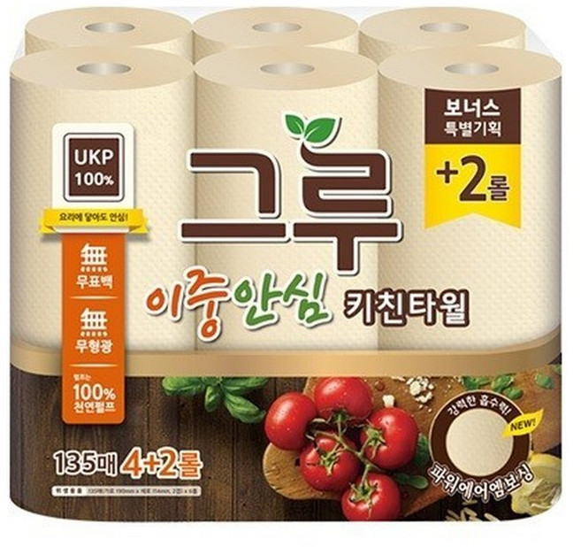 무표백 키친타올 135매 6롤 / 천연펄프 무표백/식품용, 6개