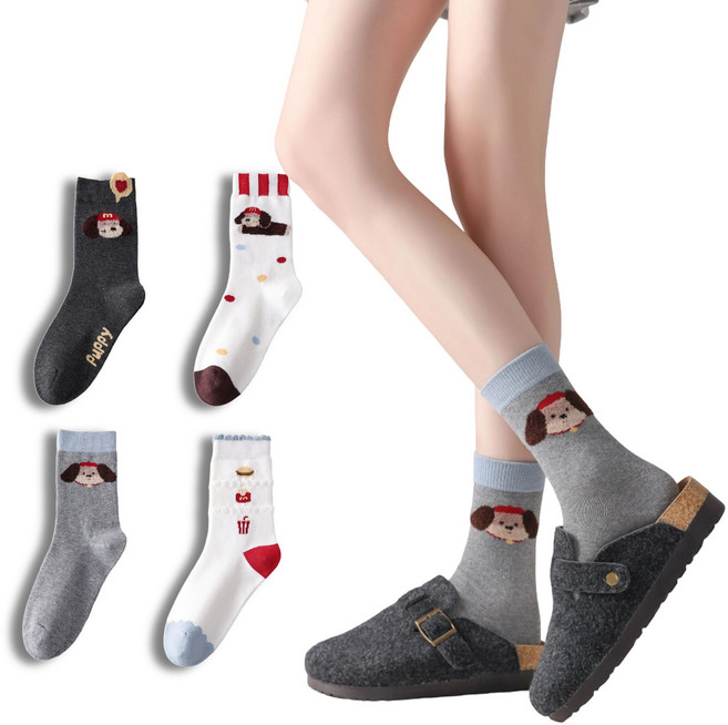 스위트나나 여성 귀여운 강아지 패턴 데일리 캐주얼 중목 양말 4켤레 세트