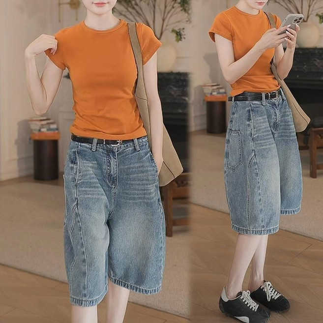 여성 여름 데님반바지 5부 와이드핏 하이웨스트 캐주얼 데일리 청바지