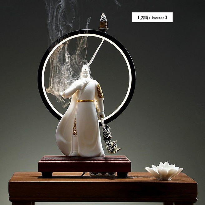 kawsaa 關公擺件 武財神神像 居家客廳鎮宅裝飾, 單刀赴會（白色）+燈圈