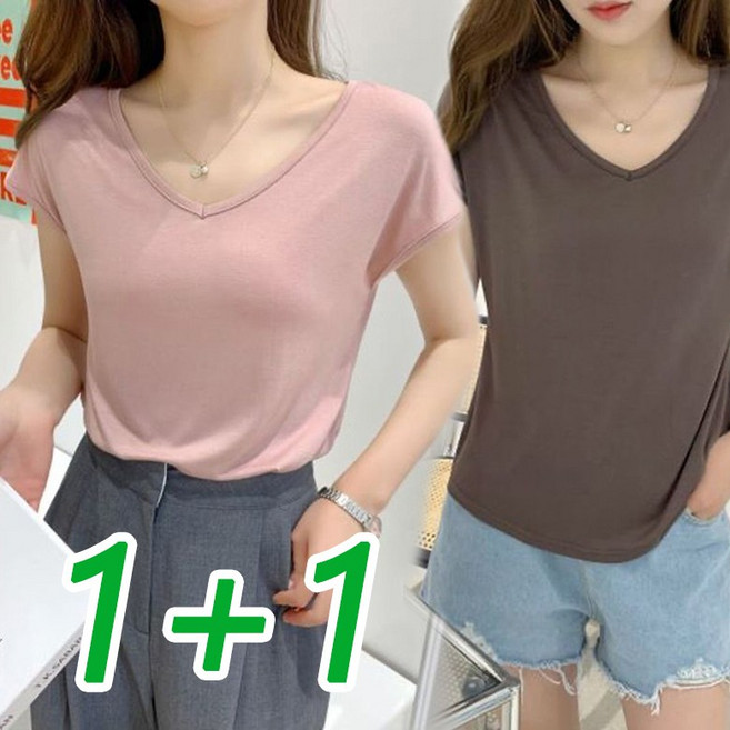 1+1 여성 여름 티셔츠 빅사이즈 캐주얼 반팔티 모달 브이넥 기본 찰랑 무지 루즈 긴팔 티셔츠