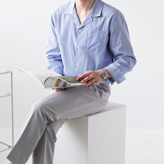 오픈카라 사파리 스트라이프 줄지 긴팔 남방 셔츠(3color)