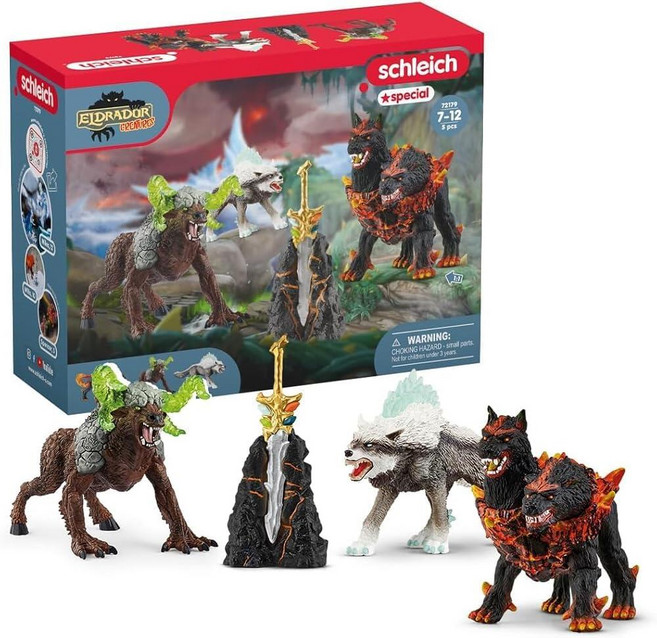 Schleich Eldrador Creatures - 5피스 판타지 생물 세트 얼음 늑대 용암 사냥개 바위 야수와 검 피규어 놀이 남아 및 여아용 동물 몬스터 만 7세 이상, 5PC Set