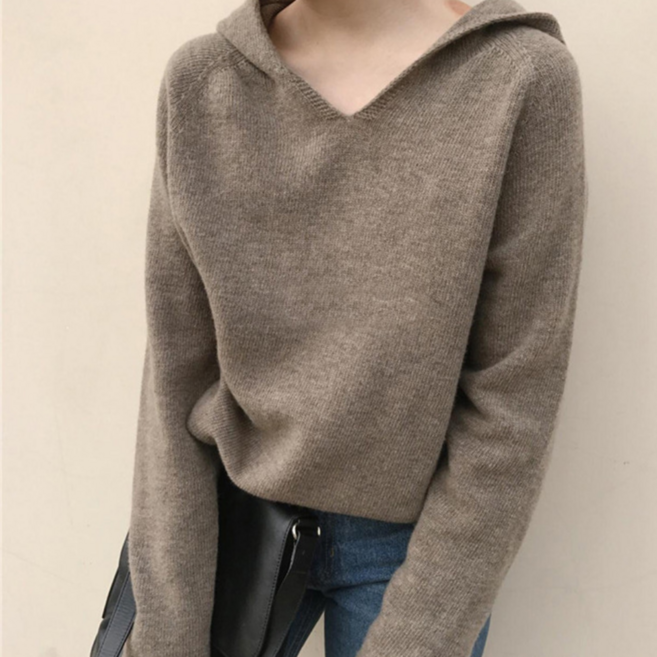 MS HOME 여성 후드 니트 브이넥 데일리 베이직