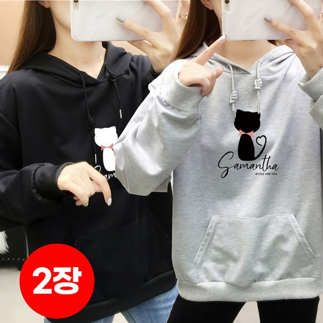 스타일아유 여성용 고양이패턴 후드 티 프린트 면혼방 오버핏 후드 티셔츠[AYA8TS0279]