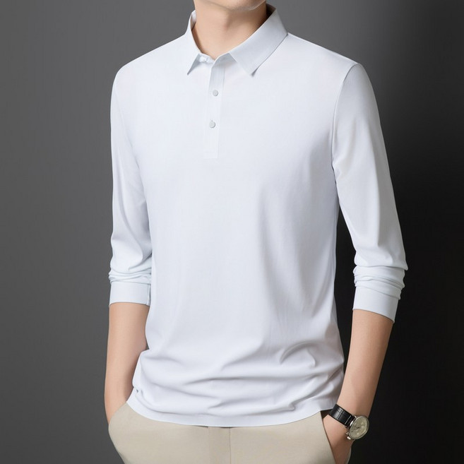 RYZY 長袖POLO衫 冰絲涼感 透氣 商務休閒, 皓月白【男女同款】,2XL