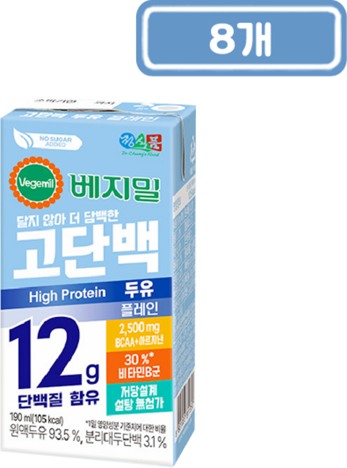 정식품 베지밀 고단백 두유 플레인, 8개, 190ml