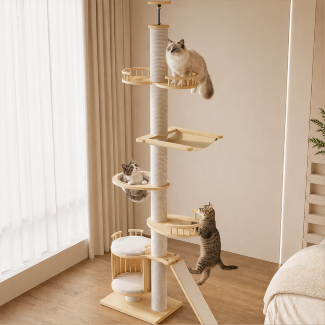 소프트엣지 스크래쳐 원목 고양이 캣폴 캣타워, 1개, 아이보리