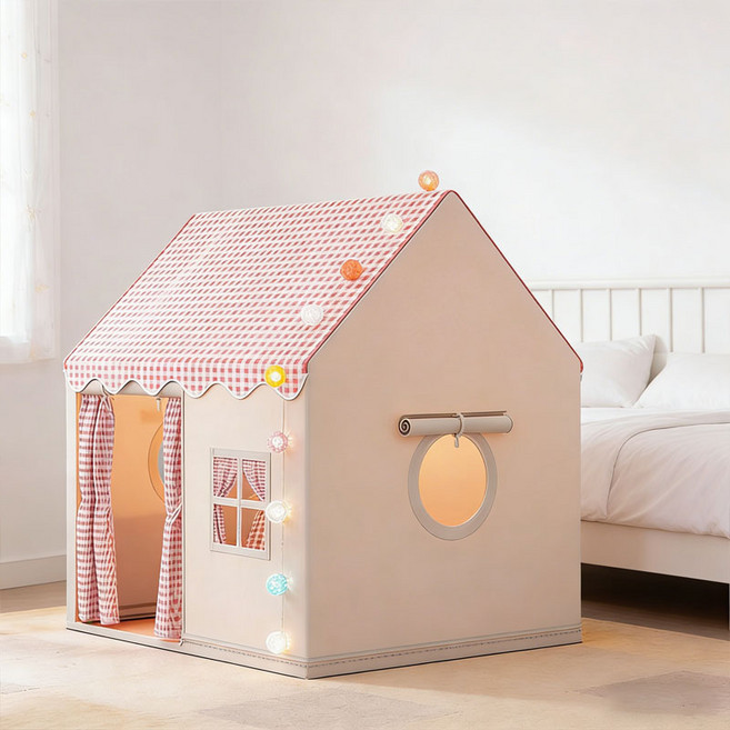 SeekFun 실내 텐트 홈캠핑 귀여운 격자 무늬 놀이집 편리한 세탁 핑크 베이지, 1개, 핑크색