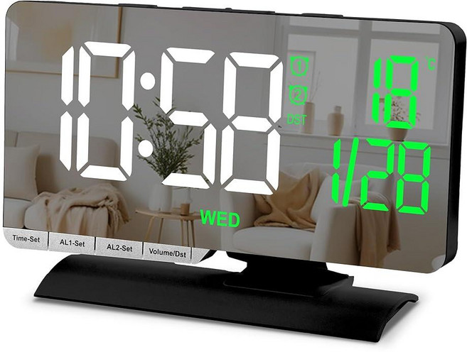 SZELAM 디지털 시계 알람 시계 침대 옆 날짜 디스플레이가 있는 19.3cm7.3인치 대형 LED 거울 온도 3가지 모드가 있는 듀얼 알람 Brightnee 조절, Black