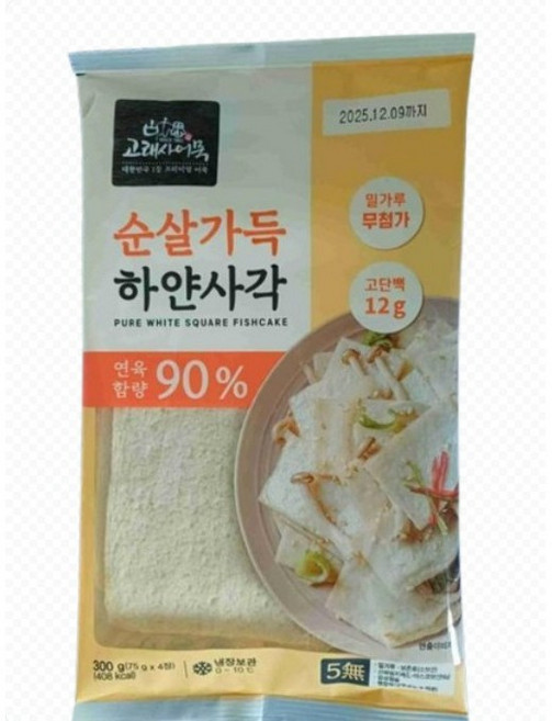 고래사 연육을듬뿍담아더고소한 순살가득하얀사각어묵 연육90%함유 국내산백미가루, 6개, 300g