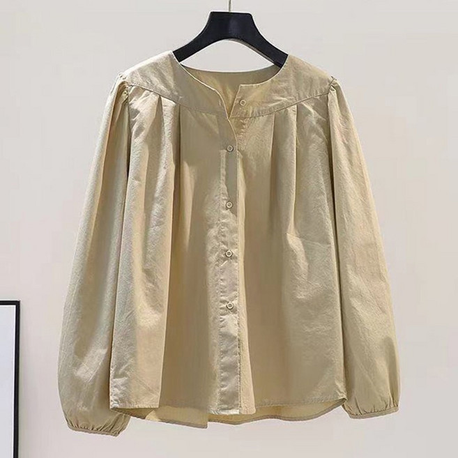 스타일아유 라운드넥 벌룬 소매 주름 코튼 셔츠 여성용 루즈핏 감성적인 긴팔 블라우스 BL1722