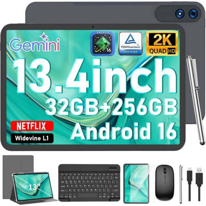 13인치 태블릿 안드로이드 16 태블릿 (키보드 포함) 32GB+256GB+2TB 확장 가능 120Hz 1920x1200 IPS 디스플레이 제미니 AI 10000mAh, Silver