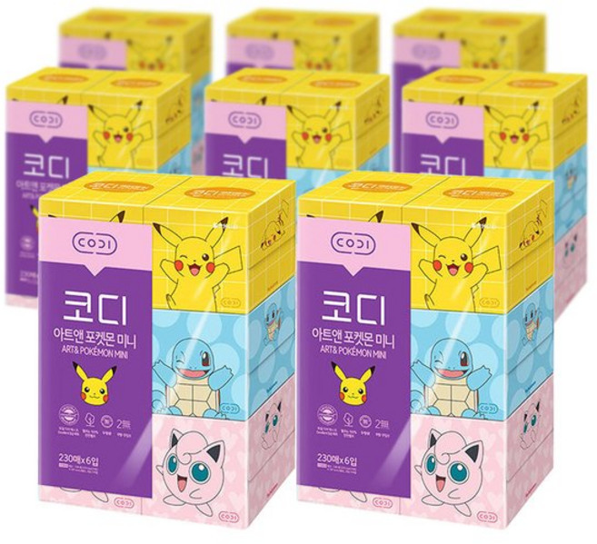 코디 아트앤 포켓몬 미니 미용티슈 230매 6입 8팩 프리미엄 화장지, 1개