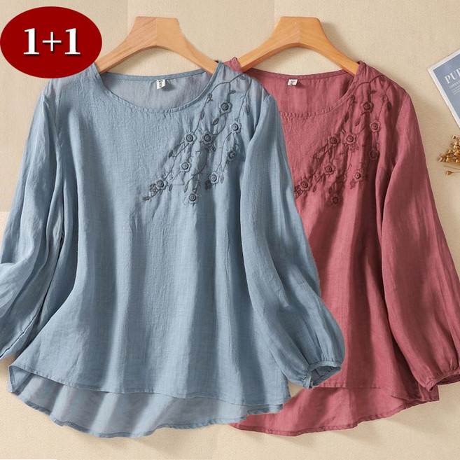 ORZQU 1+1 여성 여름 면마 자수 긴팔 블라우스 빅 사이즈 루즈핏 우아한 저고리