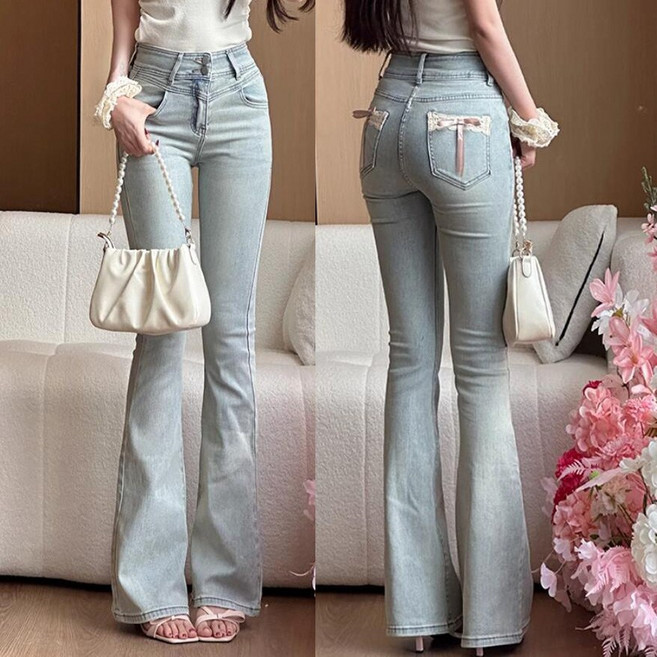 히또리 P0692 하이웨스트 아이스블루 슬림 부츠컷 레이스 리본 포인트 청바지