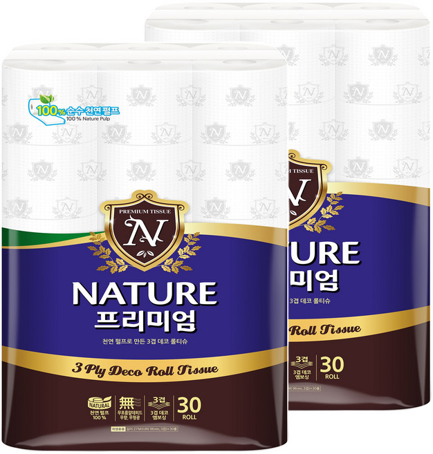 네이쳐 프리미엄 3겹데코 30롤티슈, 2개, 30개입
