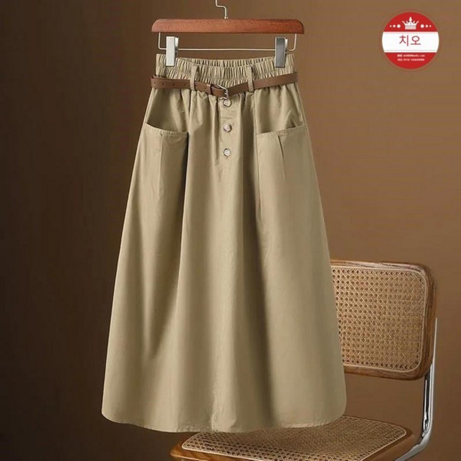 패션 밴딩 하이웨이스트 미디 스커트 빅 포켓 캐주얼 스커트 여름 여성 A라인 스커트 치마 빅사이즈