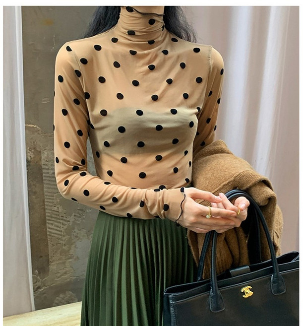 도트 레이어드 시스루 이너 긴팔 블라우스 망사티셔츠