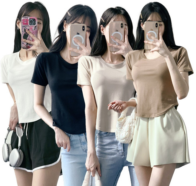 골지라인 무지기본 세미크롭 반팔 티셔츠 여성 라운드넥 밑단 굴림 스타일