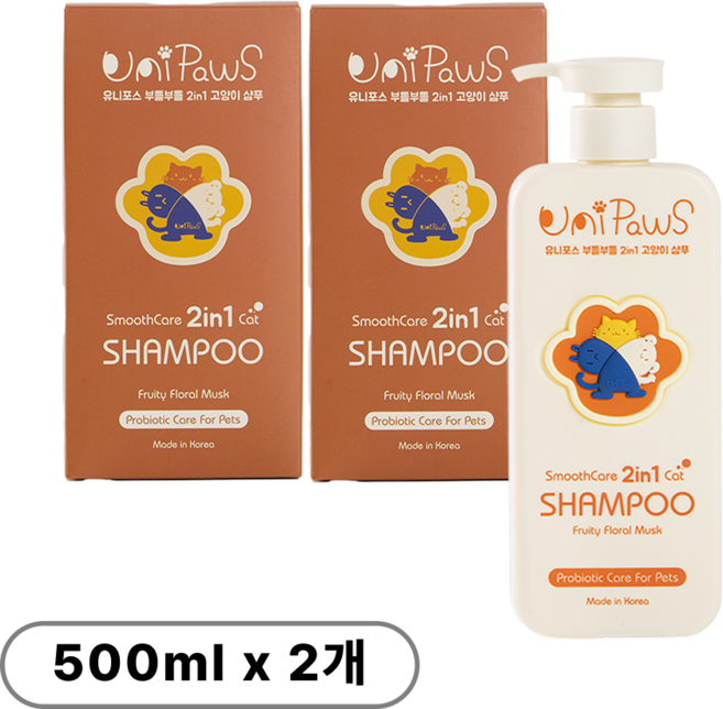 유니포스 부들부들 프로바이오틱스 케어 2in1 고양이 샴푸 린스 겸용 저자극 전묘종, 2개, 500ml