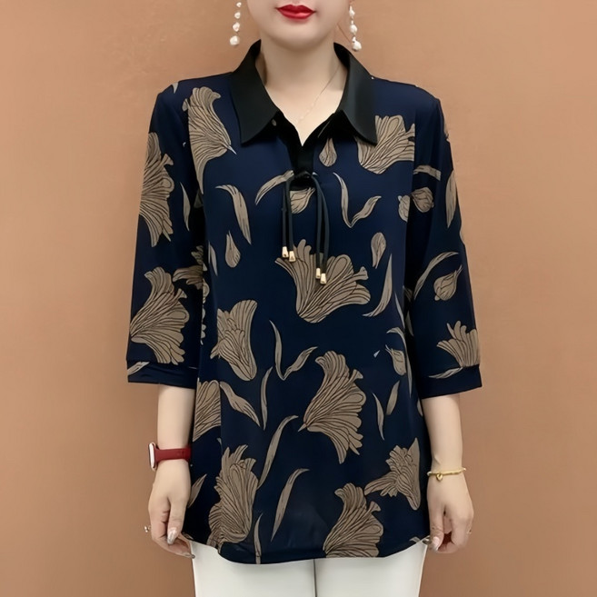 Makone 여성 카라넥 플라워 프린트 트랜드 셔츠 루즈핏 편안한 엄마옷 데일리 블라우스