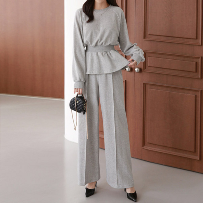 마이쏭 여성 상하세트 통바지 프릴밴딩맨투맨와이드세트