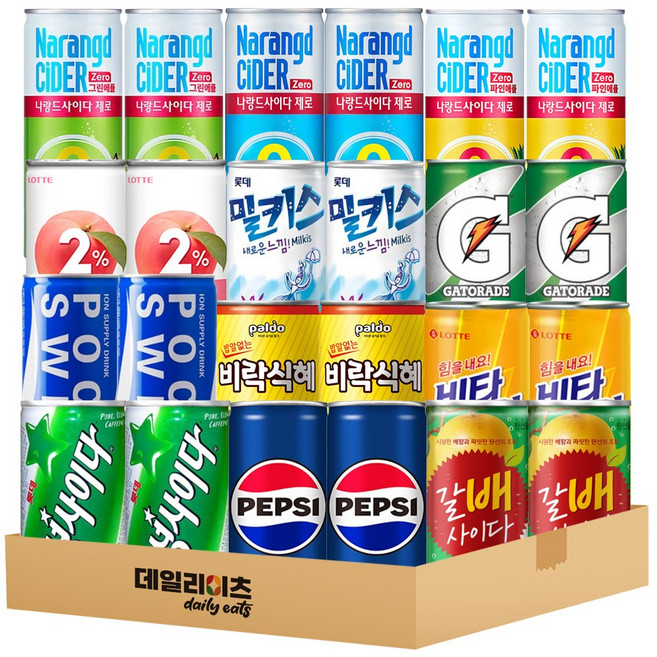여름 음료수 12종 24캔 혼합세트 (펩시2 사이다2 밀키스2 마운틴듀2 갈배사이다 이프로2 나랑드사이다2 파인애플2 그린애플2 포카리2 비락식혜2 비타파워2), 3세트, 250ml