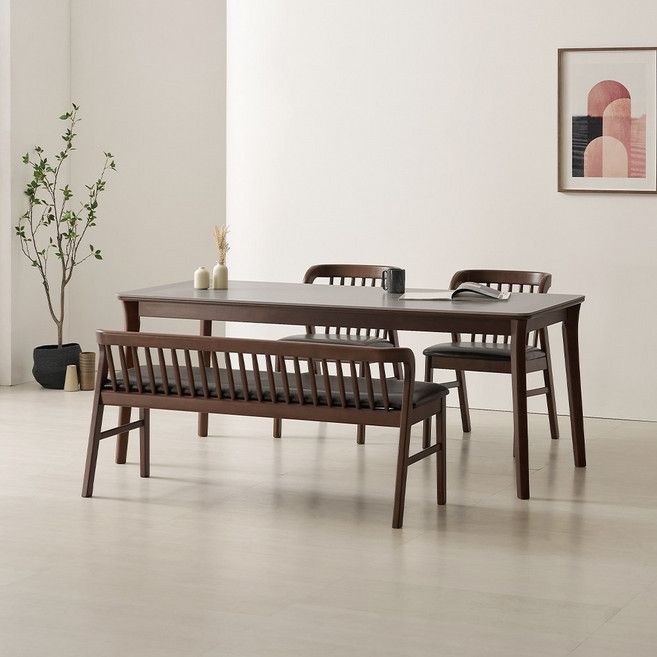 라로퍼니처 데이브 1900 포세린 통 세라믹 6인 고무나무 원목 식탁 세트, 그레이, 식탁+의자2+벤치1