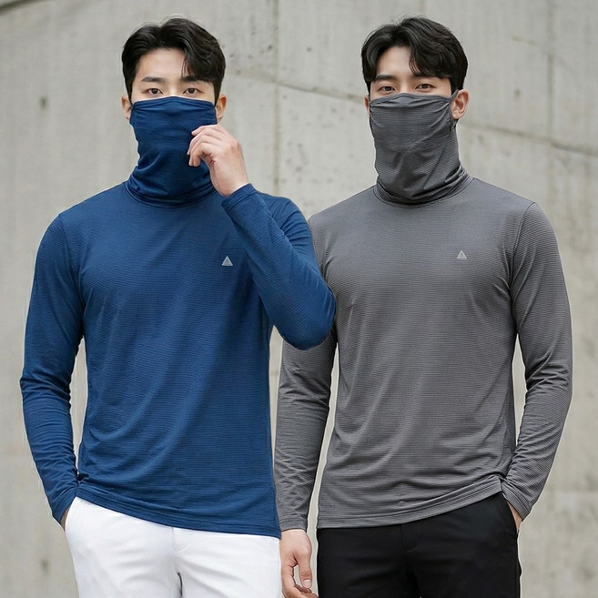 <스타일랑> (1+1) 남성 긴팔 마스크 티셔츠 / 마스크 일체형 쿨링 마스터 골프 아웃도어 등산 스포츠 스판 긴팔 마스크티
