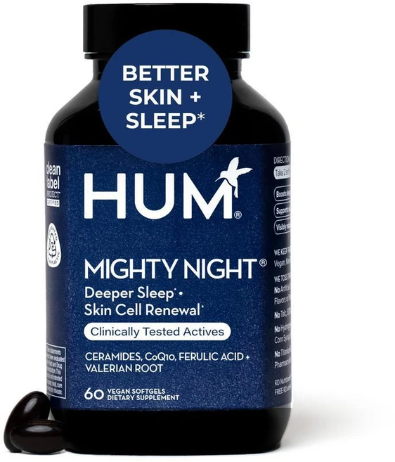 피부 관리를 위한 HUM 마이티 나이트 수면 보충제 CoQ10 세포 회전을 지원하는 발레리안 루트 & 페룰산 여성 및 남성용 비타민 오버나이트 뷰티 소프트젤 60가지, Hum HUM Mighty Night - 피부를 위한, 1개 - 쿠팡