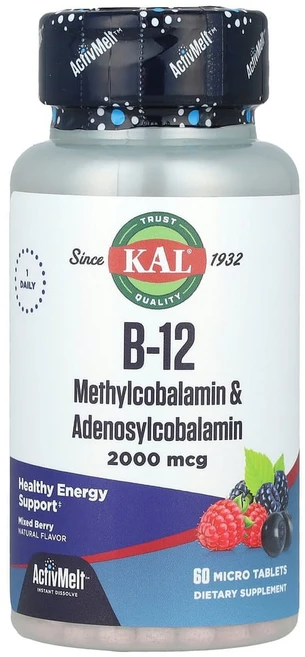 KAL B-12 메틸코발라민 & 아데노실코발라민 혼합 베리 2000mcg 마이크로정 60정, 1개 - 쿠팡