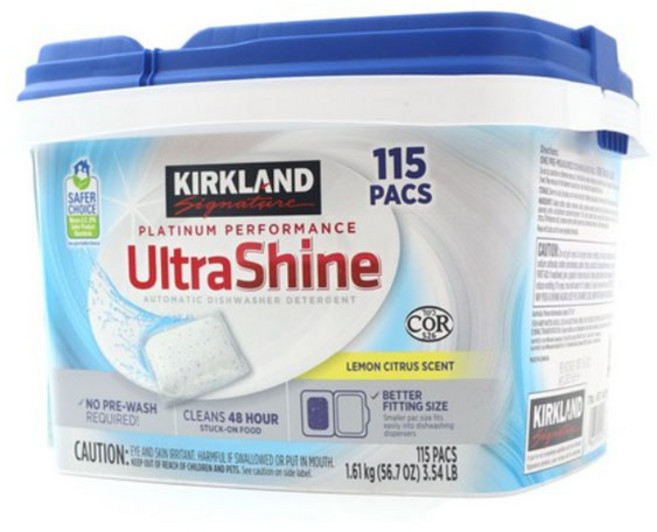 Kirkland Signature 울트라샤인 디쉬워셔 레몬 시트러스 115 팩 세제 식기세척기 접시, 1.61kg, 1개