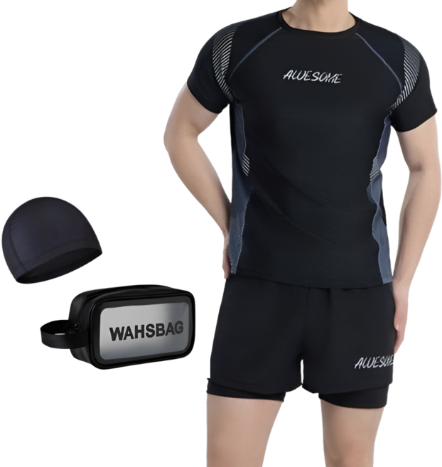 성소샵 남성용 래쉬가드 수영복 4종 세트 상하의 + 수모 + 수영가방, 블랙