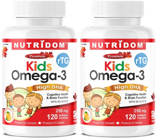 (2병) 캐나다 뉴트리돔 알티지 키즈 츄어블 오메가3 고함량DHA 유아 어린이 초등학생오메가3 Kids Omega3 120소프트젤, 2개, 120정 - 쿠팡