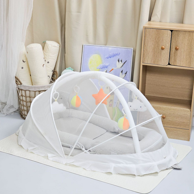 嬰兒牀中牀新生兒仿生牀防壓搖籃哄睡安撫寶寶巢便攜可移動睡牀, 灰色【牀中牀+斜坡枕+玩具架+蚊帳】