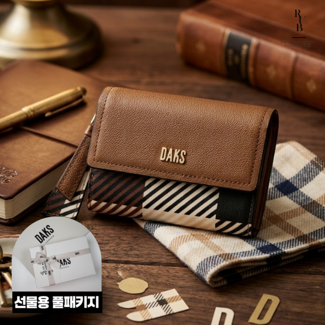닥스 여성 클래식 체크배색 브라운 소가죽 반지갑 선물용 풀패키지