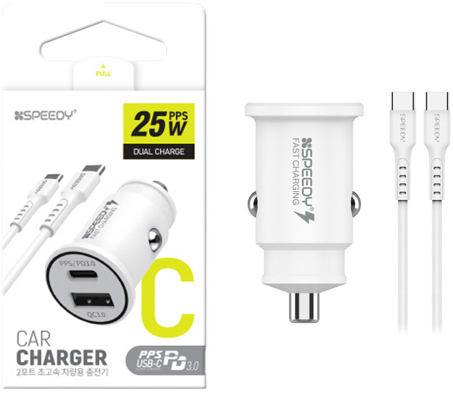 스피디 25W 2포트 초고속 차량용 충전기 PD3.0+QC3.0 CtoC케이블 미니 분리형 매립형, 5개