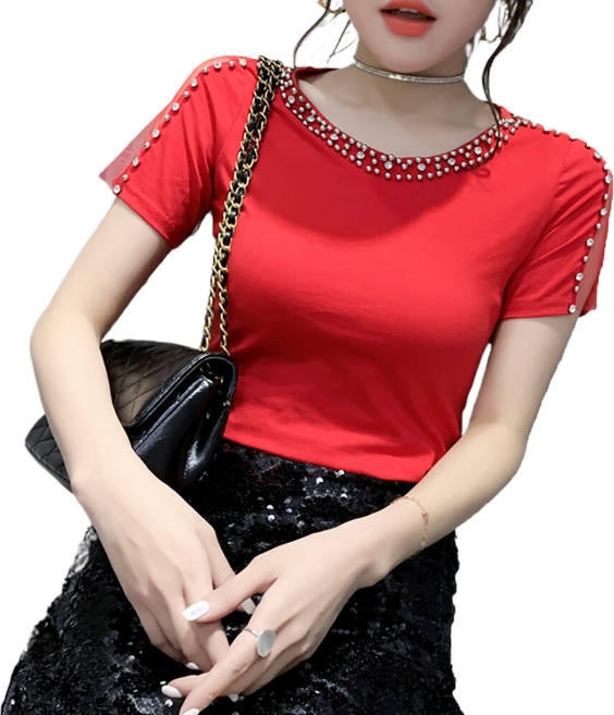 댄스복 상의 여성용 큐빅 반팔 망사 티셔츠 2T238