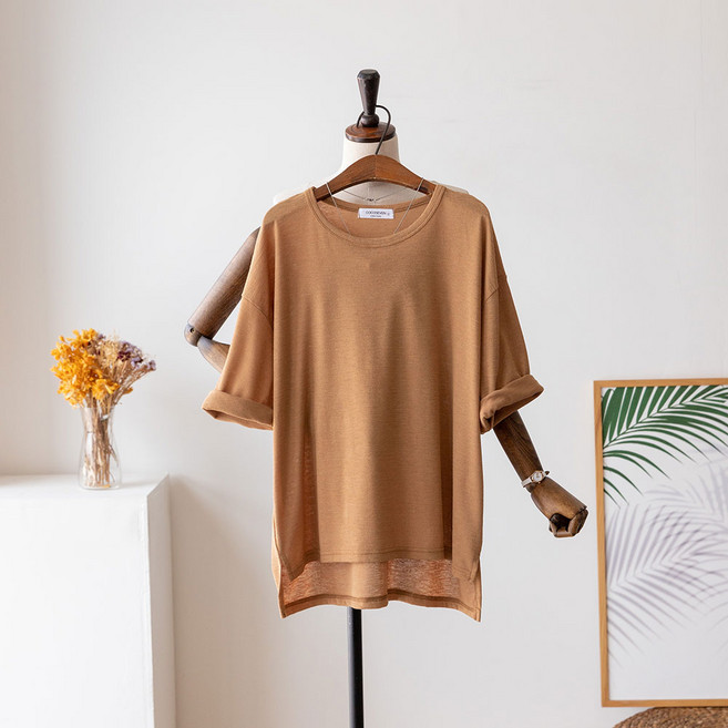 여성 빅사이즈 린넨 언발 라운드 무지 여름 루즈핏 반팔 티셔츠
