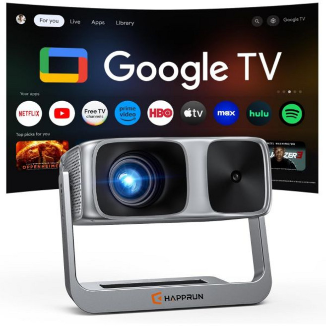2000 ANSI Google TV 실외 프로젝터 4K 디코딩 Wi-Fi 블루투스 스마트 오토 포커스 돌비 사운드 내장 앱 270도 스탠드의 HAPPRUN 실내 홈 시어터, 그레이