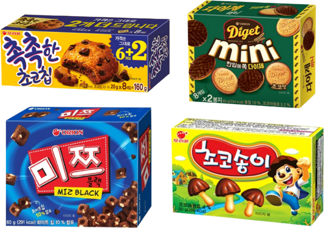 오리온 촉촉한 초코칩 160g + 다이제 초코 80g + 미쯔 60g + 초코송이 50g 4종세트