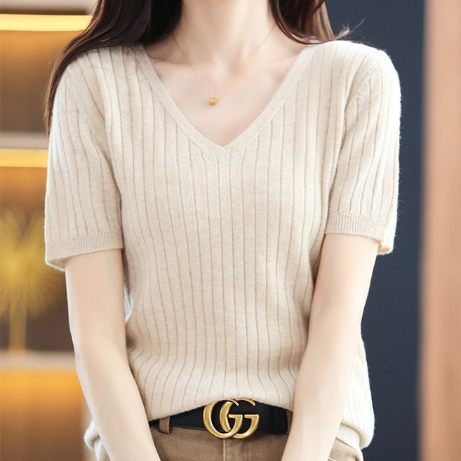 쥬베아르 여성 브이넥 골지 반팔 니트 니트티 컬러 8종