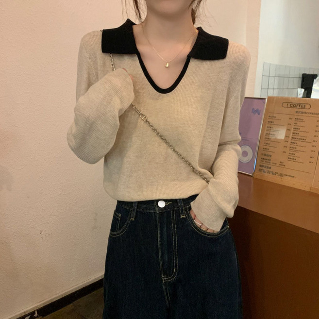 더블유앤케이 여성 봄 가을 캐주얼 기본 루즈핏 브이넥 카라 골지 긴팔 니트 티셔츠