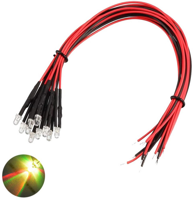 3V 3파이 컬러풀슬로우 라운드 와이어 케이블 LED DIY 전자실습 모형용 차량 튜닝 실험 조명 부품, 10개