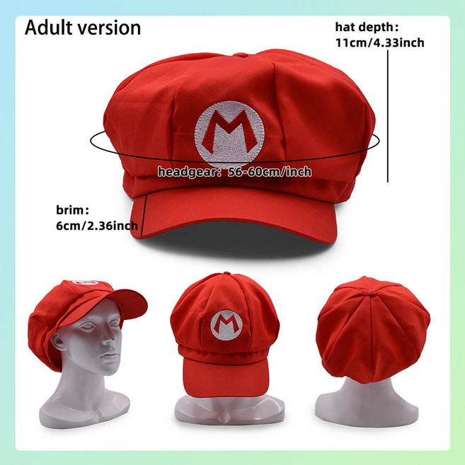 마리오 루이지 플러시 모자 와리오 왈루이지 캐피 레드 그린 캡 성인 학생 유치원 선 비치 야구 편안한 헤드기어, [11] Adult mario hat